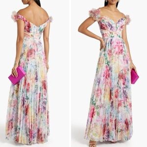 NWT Marchesa Notte Aquarelle Floral Off-the-shoulder pleated chiffon Gown Size 6